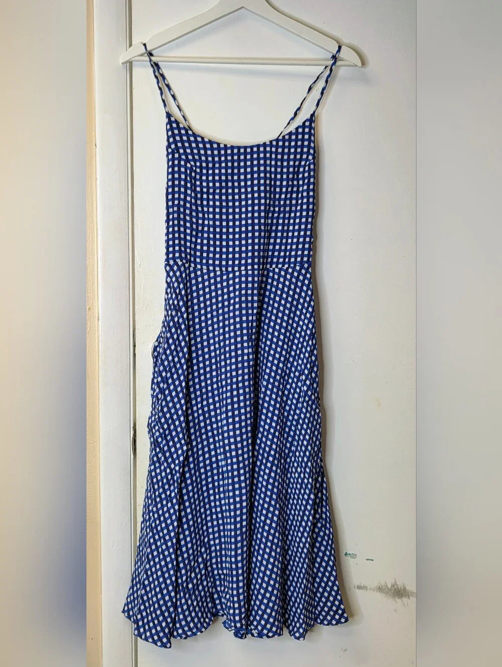 Privacy Please Blue Gingham Midi Dress Lace Up Back Pockets Medium